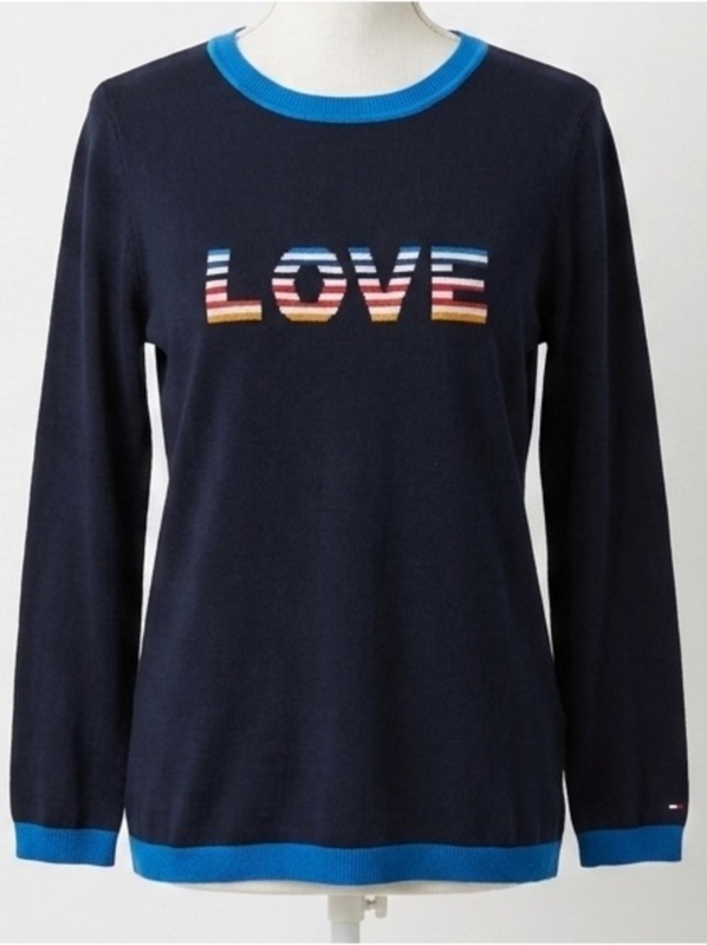 Tommy Hilfiger Navy Blue Sweater Love Rainbow Stripes Size Large